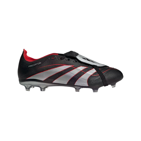 Side view of a black Adidas Predator soccer cleat with three silver stripes, red accents, a fold-over tongue, and clear studs.