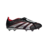 Side view of a black Adidas Predator soccer cleat with three silver stripes, red accents, a fold-over tongue, and clear studs.