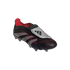 Side view of a black Adidas Predator soccer cleat with silver and red accents, featuring a fold-over tongue and an elastic strap against a black background.