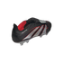 A black Adidas Predator soccer cleat with silver stripes and red accents, featuring a fold-over tongue and textured upper, against a solid black background.