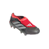 A black and red Adidas Predator soccer cleat with a red fold-over tongue and silver stripes on the side, set against a black background.
