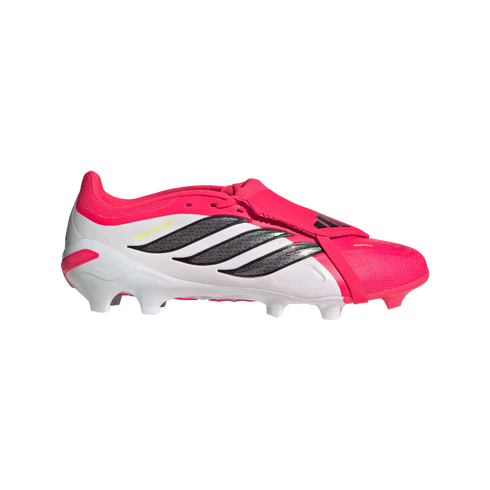 Side view of an Adidas Predator soccer cleat featuring a white and hot pink upper with black stripes and a fold-over tongue, set against a black background.