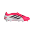 Side view of an Adidas Predator soccer cleat featuring a white and hot pink upper with black stripes and a fold-over tongue, set against a black background.
