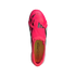 Top-down view of a bright pink Adidas Predator soccer cleat with a fold-over tongue and black accents, set against a black background.