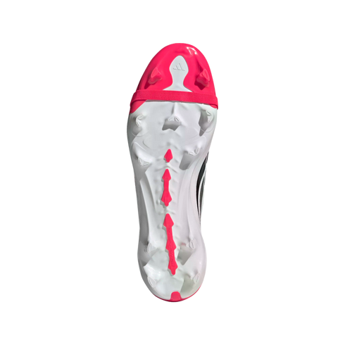 Soleplate of an Adidas soccer cleat featuring a white base with pink accents at the toe and heel, triangular studs, and a pink central 'PowerSpine' ridge.