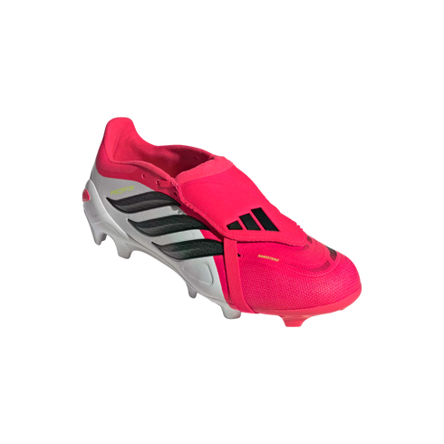 A vibrant pink and white Adidas Predator soccer cleat with black stripes and a fold-over tongue, isolated on a black background.