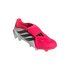A vibrant pink and white Adidas Predator soccer cleat with black stripes and a fold-over tongue, isolated on a black background.