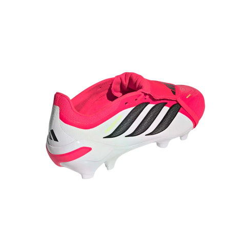Adidas Predator soccer cleat in pink and white with black stripes, shown from a three-quarter rear view against a solid black background.