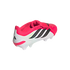 Adidas Predator soccer cleat in pink and white with black stripes, shown from a three-quarter rear view against a solid black background.
