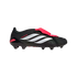 Profile view of an Adidas Predator soccer cleat in black, white, and red. Features a red fold-over tongue and three white diagonal stripes.