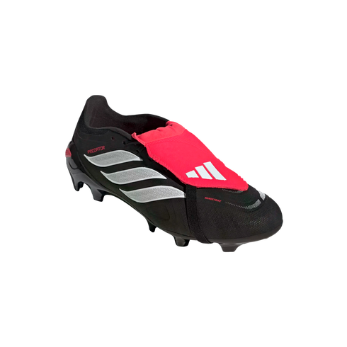 Black Adidas Predator soccer cleat with a prominent red fold-over tongue and white stripes, shown in profile against a black background.
