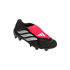 Black Adidas Predator soccer cleat with a prominent red fold-over tongue and white stripes, shown in profile against a black background.