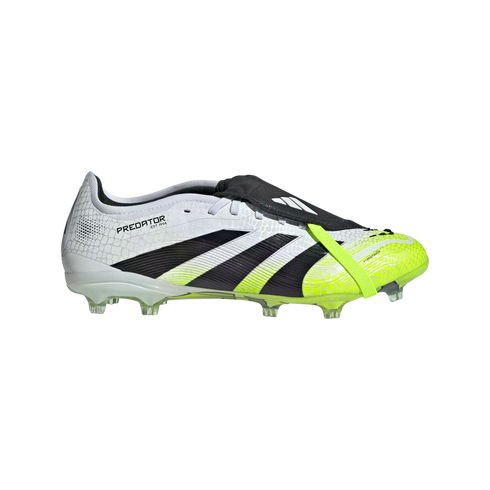 An Adidas Predator soccer cleat featuring a white and lime green upper with bold black stripes, a fold-over tongue with a neon green strap, and a clear studded sole.