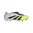 An Adidas Predator soccer cleat featuring a white and lime green upper with bold black stripes, a fold-over tongue with a neon green strap, and a clear studded sole.