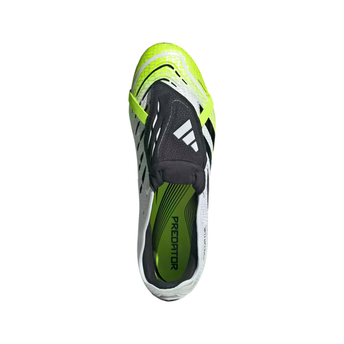 Top-down view of a white and lime green Adidas Predator soccer cleat with a fold-over tongue, isolated against a solid black background.
