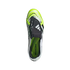 Top-down view of a white and lime green Adidas Predator soccer cleat with a fold-over tongue, isolated against a solid black background.