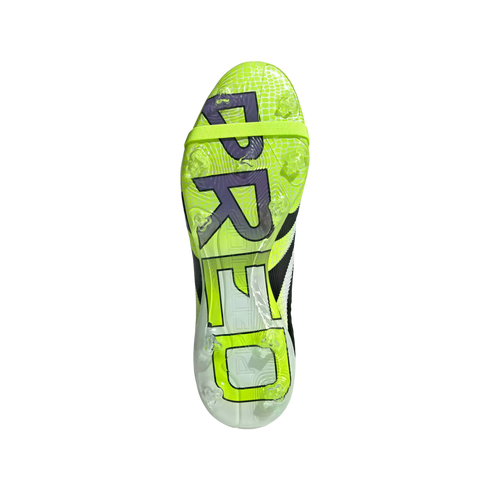 A bright neon yellow soccer cleat soleplate with bold "PRED" text and translucent studs.