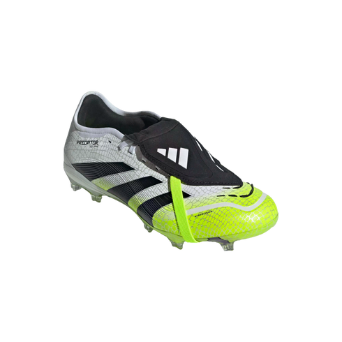 An Adidas Predator soccer cleat in white, black, and neon yellow with a fold-over tongue and textured upper, shown against a black background.