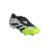 An Adidas Predator soccer cleat in white, black, and neon yellow with a fold-over tongue and textured upper, shown against a black background.