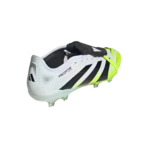 Rear-side view of a white Adidas Predator soccer cleat with black stripes and neon yellow accents, featuring a textured upper and fold-over tongue on a black background.
