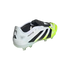 Rear-side view of a white Adidas Predator soccer cleat with black stripes and neon yellow accents, featuring a textured upper and fold-over tongue on a black background.