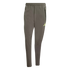 Olive-brown tapered Adidas athletic pants with an elastic waist and a pale yellow logo on the left thigh, centered on a black background.