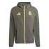 Dark grey Real Madrid hooded windbreaker jacket featuring neon yellow accents on the zipper and logos.