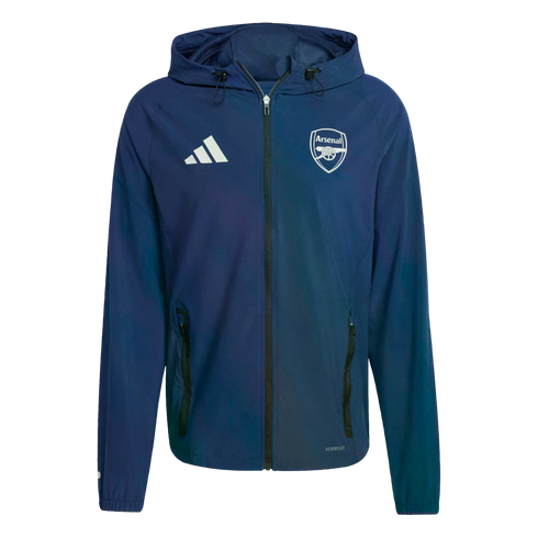 Dark blue Adidas hooded jacket with white Adidas and Arsenal logos on the chest, featuring a full-length zipper and side pockets.
