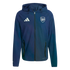 Dark blue Adidas hooded jacket with white Adidas and Arsenal logos on the chest, featuring a full-length zipper and side pockets.