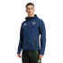 Man modeling a navy Adidas Arsenal FC hooded jacket and black training pants against a black background.