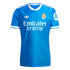 Bright blue Real Madrid soccer jersey featuring white trim, the Adidas Trefoil logo, club crest, and Emirates sponsor logo on the front.