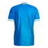 Back view of a bright blue soccer jersey with yellow "RMCF" text on the neckline and white trim on the sleeves, against a black background.