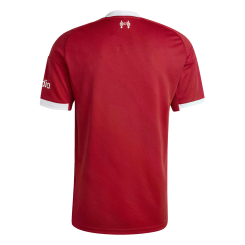 Rear view of a red Liverpool FC jersey with white collar and sleeve trim. A small white 97 emblem with flames is visible on the upper back.