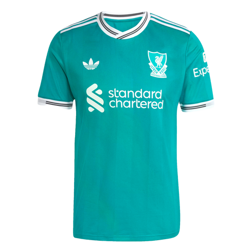 A teal Liverpool FC soccer jersey with white logos, featuring the club crest, Adidas trefoil, and Standard Chartered sponsor, with striped collar and cuffs.