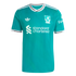 A teal Liverpool FC soccer jersey with white logos, featuring the club crest, Adidas trefoil, and Standard Chartered sponsor, with striped collar and cuffs.