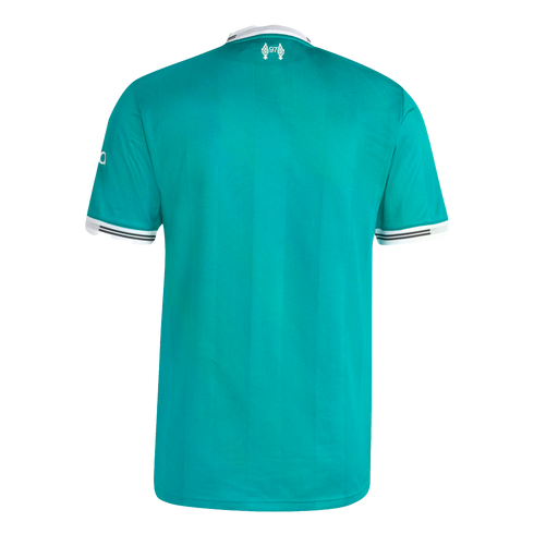 The back of a teal short-sleeved jersey with white striped trim and a small white memorial emblem featuring the number 97 below the collar.