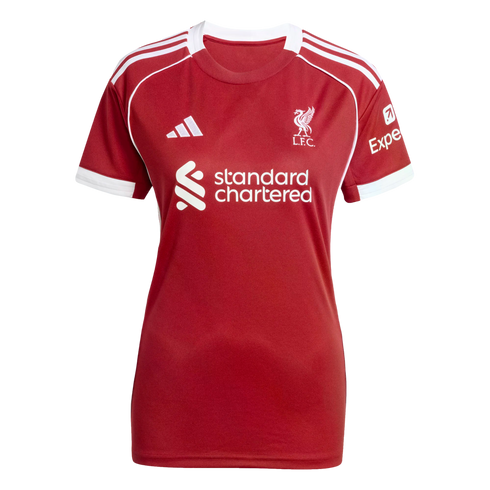 Red Liverpool F.C. soccer jersey with white Adidas stripes, club crest, and Standard Chartered and Expedia sponsors.