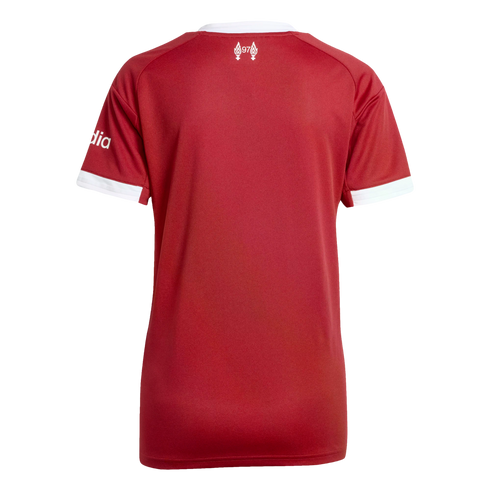 Back of a red Liverpool FC jersey with white collar and cuffs. A small white "97" between two eternal flames sits on the back neck.