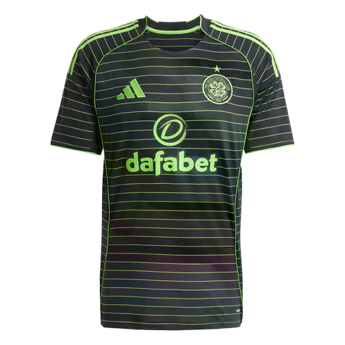 A dark gray Celtic FC soccer jersey with horizontal neon green pinstripes, featuring neon green Adidas, Dafabet, and club crest logos.