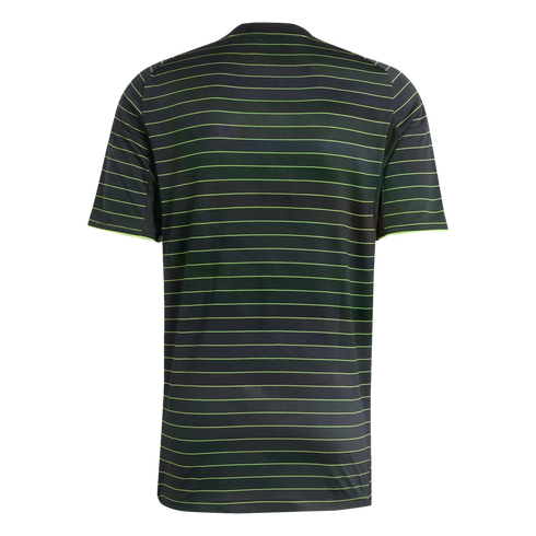 Back view of a black short-sleeve athletic jersey with thin, horizontal neon green stripes and matching sleeve trim.
