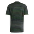 Back view of a black short-sleeve athletic jersey with thin, horizontal neon green stripes and matching sleeve trim.