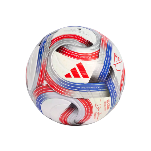 Adidas MLS mini replica soccer ball featuring red, blue, and silver swirling designs with printed geographic coordinates against a black background.
