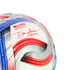A close-up of a red, white, and blue MLS mini replica soccer ball with Commissioner Don Garber's signature and geographical coordinates.