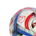 Close-up of an official MLS soccer ball featuring the league crest, red and blue stripes, and geographical coordinates printed along the patterned panels.