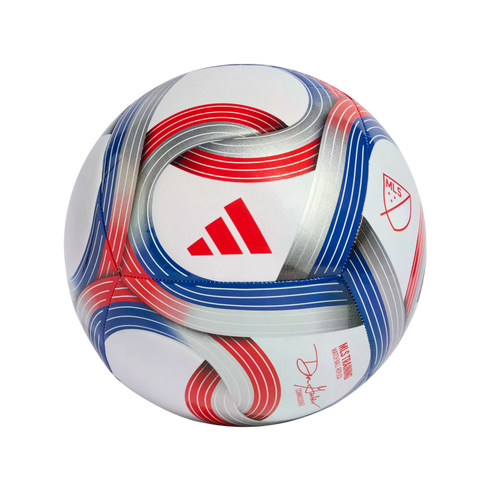 A white Adidas MLS training soccer ball with red, blue, and silver curved graphic patterns. Features the Adidas logo, MLS shield, and commissioner's signature.