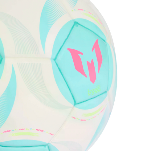 Close-up shot of a white and turquoise soccer ball featuring a bright pink Lionel Messi logo and lime green text accents.