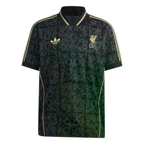 A black Liverpool FC Adidas football jersey with an ornate damask-style pattern, gold club crest, Adidas logo, and side stripes.