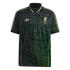 A black Liverpool FC Adidas football jersey with an ornate damask-style pattern, gold club crest, Adidas logo, and side stripes.