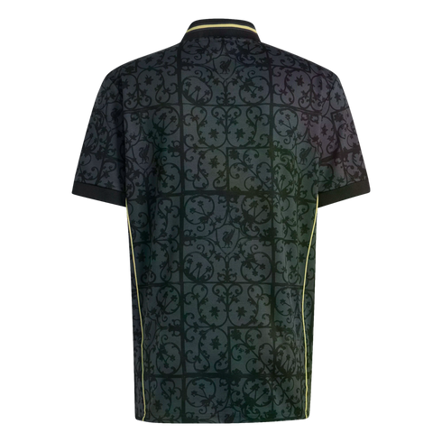 Back view of a dark grey polo shirt featuring an ornate black scrollwork grid pattern and thin yellow stripes on the collar and side seams.