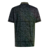 Back view of a dark grey polo shirt featuring an ornate black scrollwork grid pattern and thin yellow stripes on the collar and side seams.